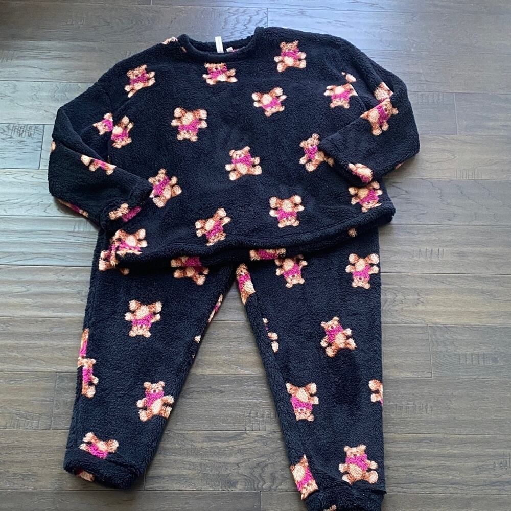 Cozy Black Teddy Bear Fleece Pajama Set Womens Sz XL Black Brown Crewneck